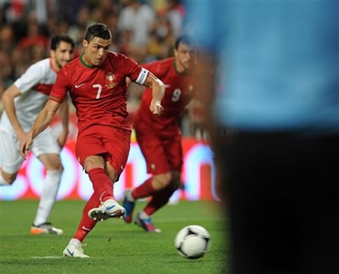 Cristiano Ronaldo taking and missing a penalty-kick for Portugal, in a friendly game against Turkey before the EURO 2012