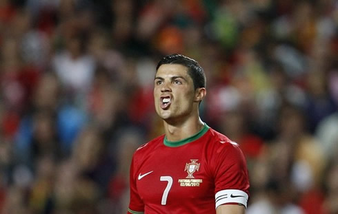 Cristiano Ronaldo making a scary and ugly face during a game for Portugal in 2012