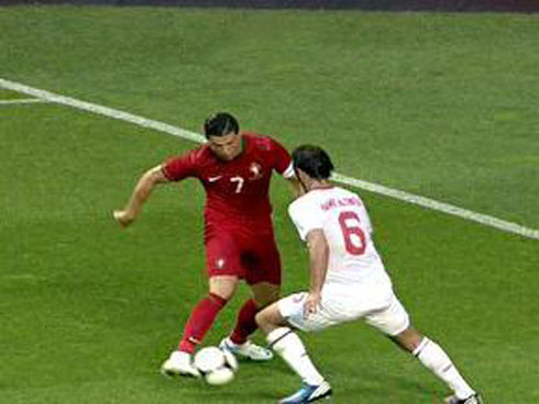 Cristiano Ronaldo dribbling and nutmetting Hamit Altintop with an elastico, in Portugal vs Turkey, just before the EURO 2012 starts