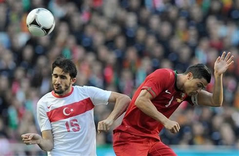 Cristiano Ronaldo jumping and trying to head the ball in the match between Portugal and Turkey, in 2012