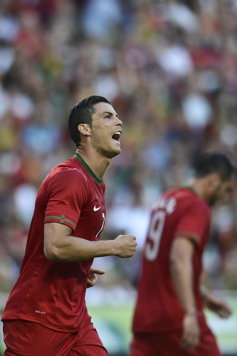 Cristiano Ronaldo screaming of joy after Portugal scored a goal against Turkey, in a friendly game to prepare the EURO 2012