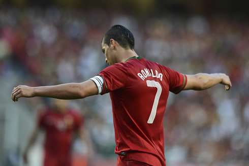 Cristiano Ronaldo wearing the Portuguese National Team number 7 jersey and being the team's captain before the EURO 2012