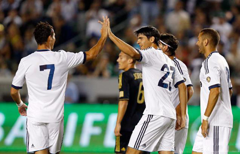Cristiano Ronaldo greeting Alvaro Morata after he scored a goal in LA Galaxy vs Real Madrid, during the United States pre-season tour in 2012/2013
