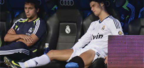 Cristiano Ronaldo reaction to his injury on the Real Madrid bench, closing his eyes in clear pain, in 2012