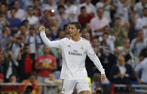 Cristiano Ronaldo closing his fist and looking towards Real Madrid bench