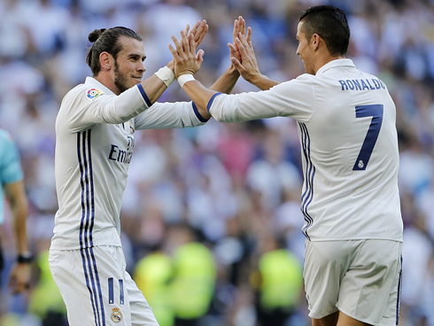 Cristiano Ronaldo and Pepe celebrating Real Madrid goal against Eibar