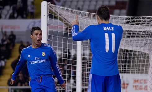 Cristiano Ronaldo surprise and joy face just before he hugs and thanks Gareth Bale for his assist, in Real Madrid 2013-2014