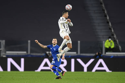 Cristiano Ronaldo hanging in the air to head a ball