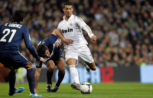 Cristiano Ronaldo preparing to strike with his left foot