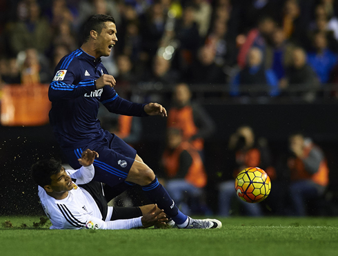 Cristiano Ronaldo is brought down after a harsh tackle in Valencia vs Real Madrid