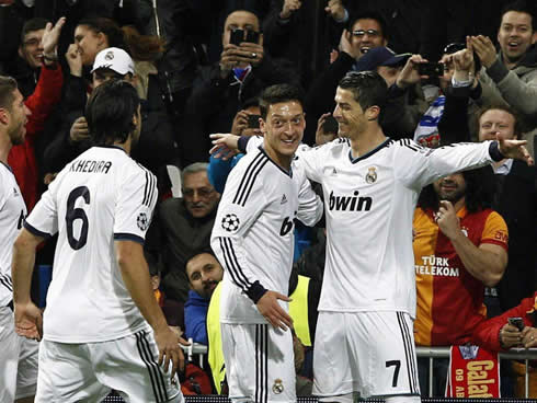 Cristiano Ronaldo celebrating Real Madrid goal together with Mesut Ozil and Sami Khedira, the German clan in Real Madrid 2013