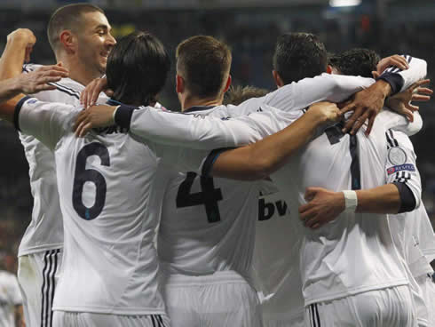 Real Madrid players showing their union in the celebrations of a goals scored during the Real Madrid 3-0 Galatasaray quarter-finals match for the UCL, in 2013