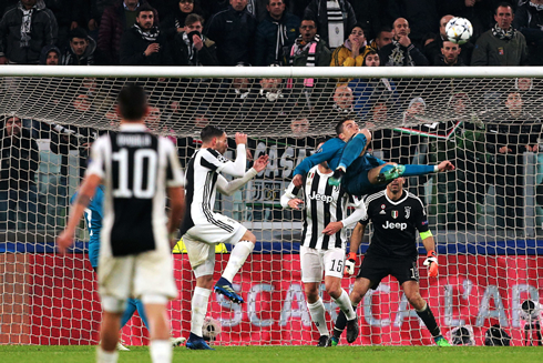 Cristiano Ronaldo jumping to score from a bicycle kick in Juventus 0-3 Real Madrid for the Champions League in 2018
