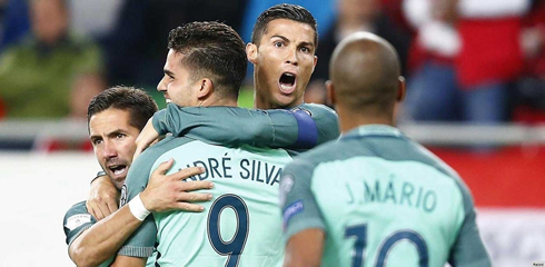 Cristiano Ronaldo showing his joy after Portugal scores against Hungary in the 2018 FIFA World Cup Qualifiers