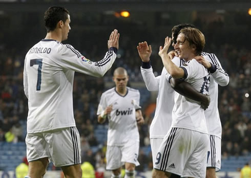 Cristiano Ronaldo congratulating Luca Modric for his first goal in Real Madrid, against Zaragoza, in a game for La Liga 2012-2013