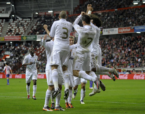 Cristiano Ronaldo Pepe and Marcelo jumping celebrations in Real Madrid goal against Sporting Gijón