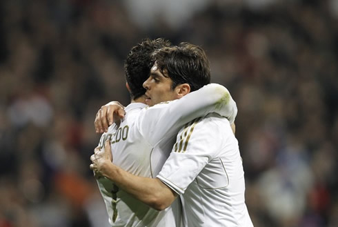 Cristiano Ronaldo hugging Ricardo Kaká in Real Madrid