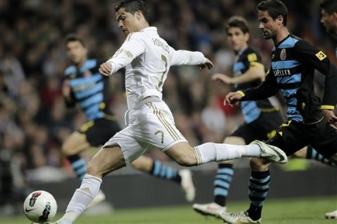 Cristiano Ronaldo preparing to shoot with his left foot