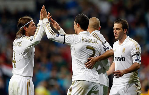Cristiano Ronaldo celebrating Real Madrid goal with Sergio Ramos, Pepe and Gonzalo Higuaín