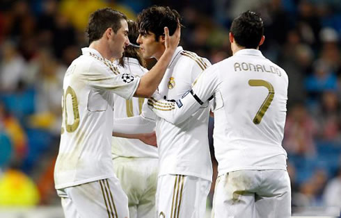 Higuaín, Kaká and Cristiano Ronaldo celebrating goal for Real Madrid in 2012