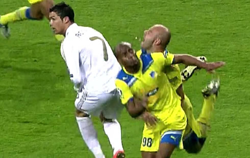 Cristiano Ronaldo tackling Paulo Jorge, forcing him to lose 2 or 3 teeth in Real Madrid vs APOEL, for the UEFA Champions League 2012