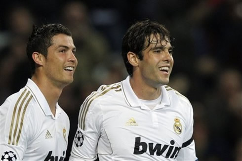 Cristiano Ronaldo and Kaká smiling in Real Madrid 2012