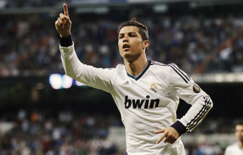 Cristiano Ronaldo raising his finger and celebrating Real Madrid goal at the Santiago Bernabéu, in La Liga 2013