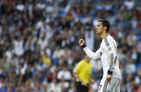 Cristiano Ronaldo with his fist closed after a Real Madrid goal in a 4-3 win over Valladolid, in 2013