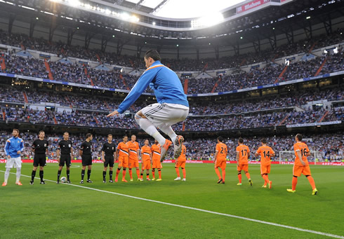 Cristiano Ronaldo big jump warm-up, before a game between Real Madrid and Valencia at the Santiago Bernabéu