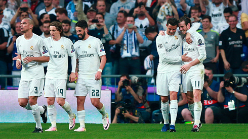 Real Madrid players celebrating the winning goal against Manchester City in the Champions League semi-finals in 2015-2016