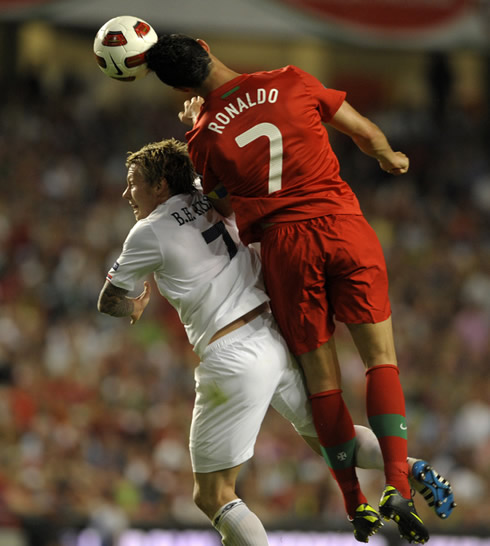 Cristiano Ronaldo jumping and heading the ball