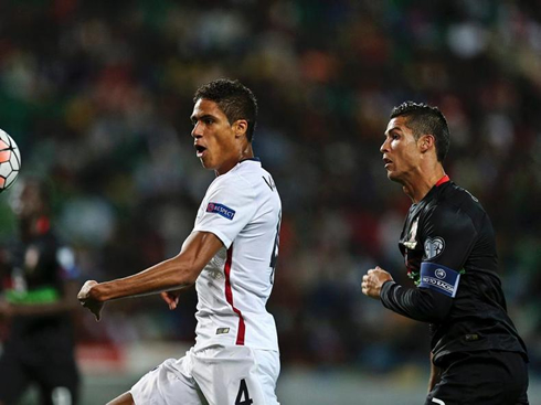 Varane playing against Cristiano Ronaldo in a friendly international