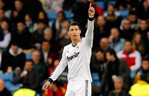 Cristiano Ronaldo putting his finger up, in Real Madrid 4-1 Ajax, for the UEFA Champions League in 2012-2013