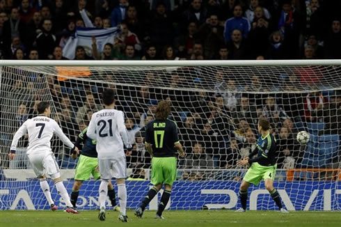 Cristiano Ronaldo striking the ball into the back of the net, in Real Madrid 4-1 Ajax, for the UEFA Champions League 2012-2013