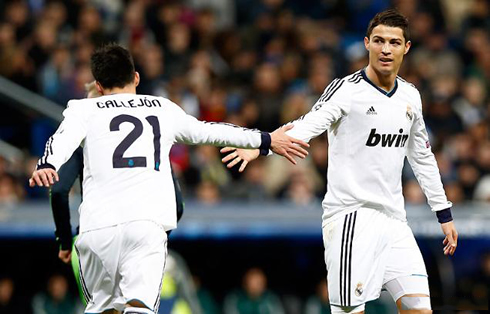 Cristiano Ronaldo greeting José Maria Callejón, after his second goal for Real Madrid against Ajax, in the Champions League 2012-2013