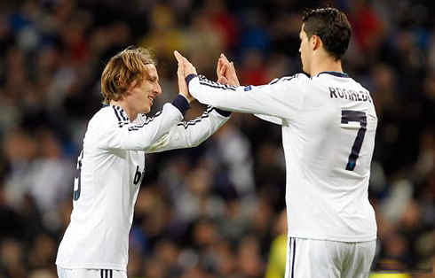 Cristiano Ronaldo congratulating Luka Modric after his goal assist, in Real Madrid vs Ajax for the UEFA Champions League, in 2012-2013