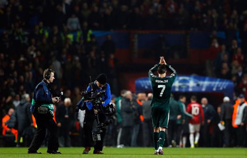 Cristiano Ronaldo thanking Manchester United fans at Old Trafford, after the end of Man Utd vs Real Madrid, for the Champions League second leg, in 2013