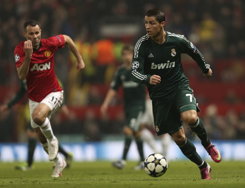 Ryan Giggs chasing Cristiano Ronaldo, during their clash at the Manchester United vs Real Madrid Champions League game, in 2013