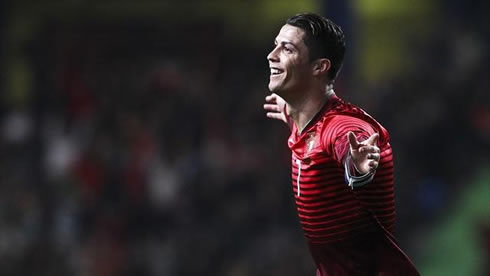 Cristiano Ronaldo celebrating the goal that made him Portugal's top goal scorer of all-time