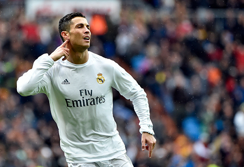 Cristiano Ronaldo pointing to his ear after scoring in the Bernabéu