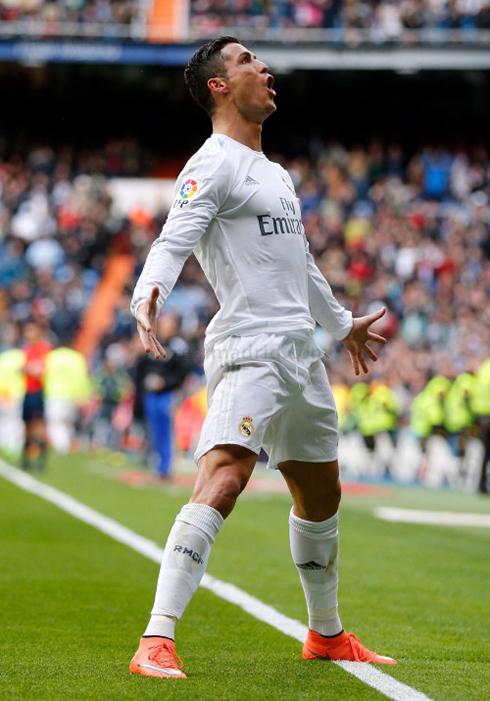 Cristiano Ronaldo shouting during his trademark goal celebration in Real Madrid