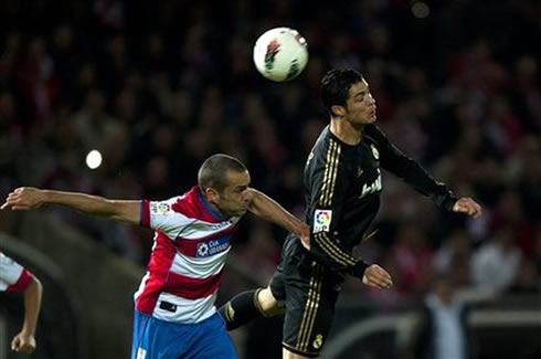 Cristiano Ronaldo heading the ball in Granada 1-2 Real Madrid