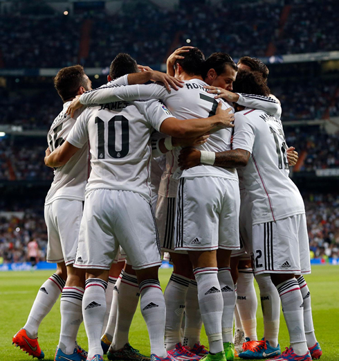 Real Madrid team players showing great team spirit and unity in 2014-2015