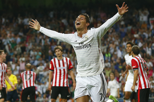Cristiano Ronaldo laughing while running in circles celebrating his goal in Real Madrid 5-0 Athletic Bilbao