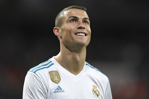 Cristiano Ronaldo smiling and looking to the stands at the Santiago Bernabéu in 2017