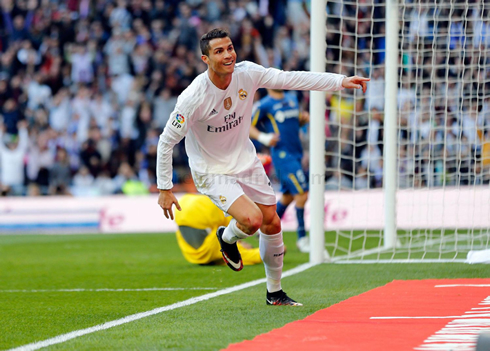 Cristiano Ronaldo puts on a smile after scoring for Real Madrid, in a 4-1 win over Getafe for La Liga 2015-16