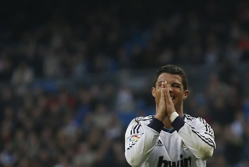 Cristiano Ronaldo asking for apologies as if he was sorry for something, in Real Madrid vs Real Sociedad for La Liga, in 2013