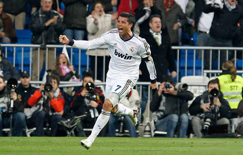 Cristiano Ronaldo going wild at the Santiago Bernabéu, just after he delivered the victory to his team, in La Liga 2013