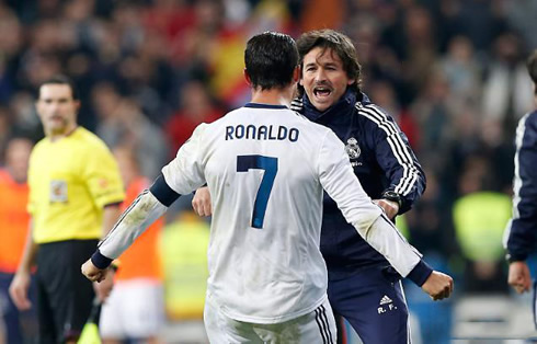 Cristiano Ronaldo about to hug Rui Faria, Real Madrid's assistant coach in 2013