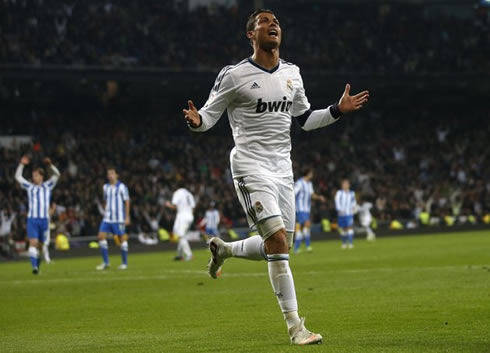 Cristiano Ronaldo running towards the Santiago Bernabéu fans to celebrate Real Madrid goal in La Liga 2012-2013